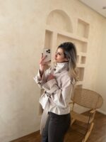 ترنچ کت کراپ استخوانی یقه ایستاده - Image 6