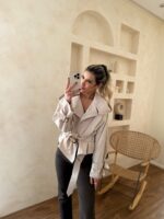 ترنچ کت کراپ استخوانی یقه ایستاده - Image 7