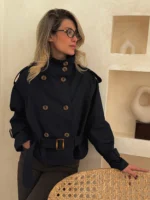 ترنچ کت کراپ سرمه ای یقه ایستاده - Image 4