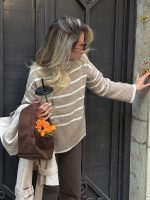 پلیور یقه اسکی راه راه کرم خاکی