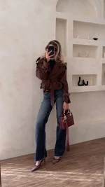 ترنچ کت کراپ قهوه ای - Image 5