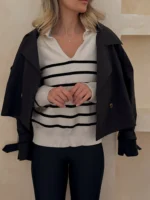 پلیور یقه هفت راه راه سفید مشکی - Image 2