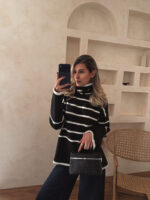 پلیور یقه اسکی راه راه مشکی سفید