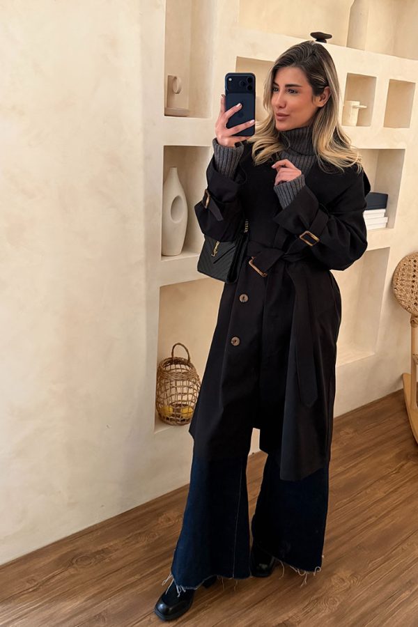 ترنچ کت کلاسیک بلند مشکی ۲