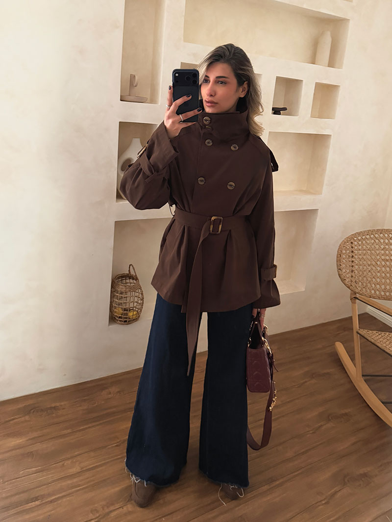 ترنچ کت قهوه ای یقه ایستاده