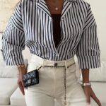 شومیز stripe لینن H&M رنگ سفید-سرمه ای