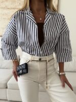 شومیز stripe لینن H&M رنگ سفید-سرمه ای