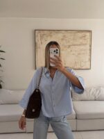 شومیز RELAXED LINEN 100% MANGO رنگ SKY BLUE - Image 3