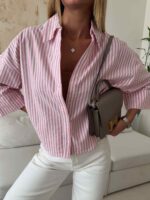 شومیز stripe لینن MANGO رنگ صورتی - Image 3