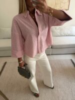 شومیز stripe لینن MANGO رنگ صورتی - Image 2