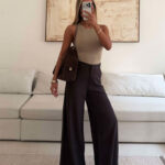 شلوار واید لگ فاق بلند H&M موکا