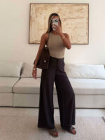 شلوار واید لگ فاق بلند H&M موکا