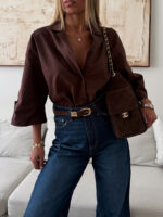 شومیز لینن H&M رنگ موکا تیره - Image 3