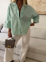 شومیز لینن H&M رنگ سبز پاستلی - Image 3