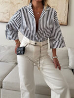 شومیز stripe لینن H&M رنگ سفید-سرمه ای - Image 2