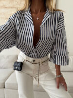 شومیز stripe لینن H&M رنگ سفید-سرمه ای - Image 5