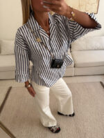 شومیز stripe لینن H&M رنگ سفید-سرمه ای - Image 4