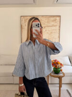 شومیز stripe لینن MANGO رنگ آبی - Image 4