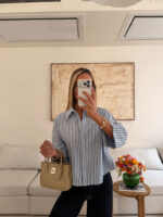 شومیز stripe لینن MANGO رنگ آبی - Image 2