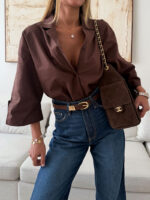 شومیز لینن H&M رنگ موکا تیره - Image 5