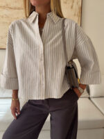 شومیز stripe لینن MANGO رنگ کرم - Image 2