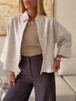 شومیز stripe لینن MANGO رنگ کرم - Image 5