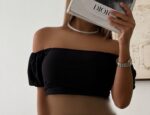 River Island-Off- Black Shoulder Smocked Crop Top - Image 4
