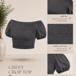 River Island-Off- Greey Shoulder Smocked Crop Top