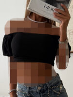 River Island-Off- Black Shoulder Smocked Crop Top
