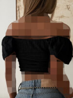 River Island-Off- Black Shoulder Smocked Crop Top - Image 2