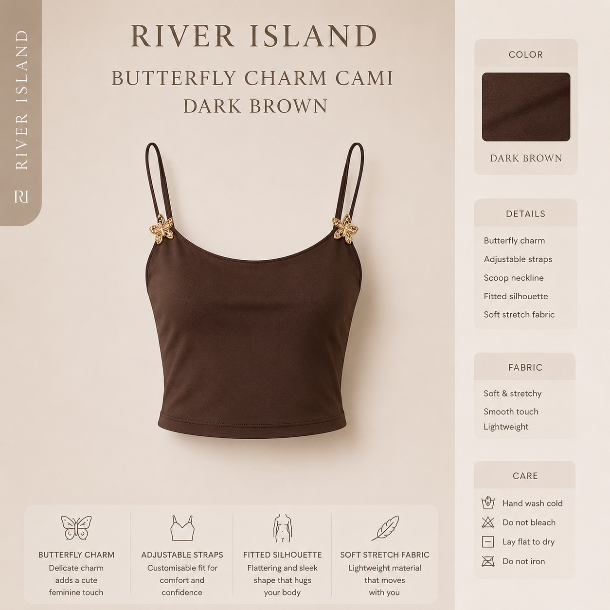 ثقImage Jul 6, 2026 at 06_45_36 PM River Island | Butterfly Charm Cami dark brown - Image 1