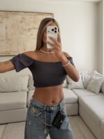 River Island-Off- Greey Shoulder Smocked Crop Top - Image 2