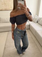 River Island-Off- Greey Shoulder Smocked Crop Top - Image 3