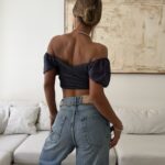 River Island-Off- Greey Shoulder Smocked Crop Top