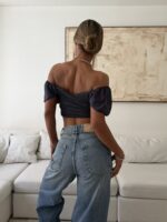 River Island-Off- Greey Shoulder Smocked Crop Top