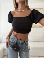 River Island-Off- Black Shoulder Smocked Crop Top - Image 4