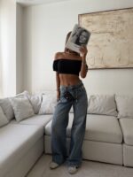 River Island-Off- Black Shoulder Smocked Crop Top