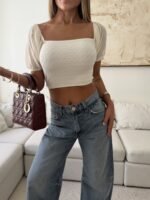 River Island-Off-Shoulder Smocked Crop Top - Image 2