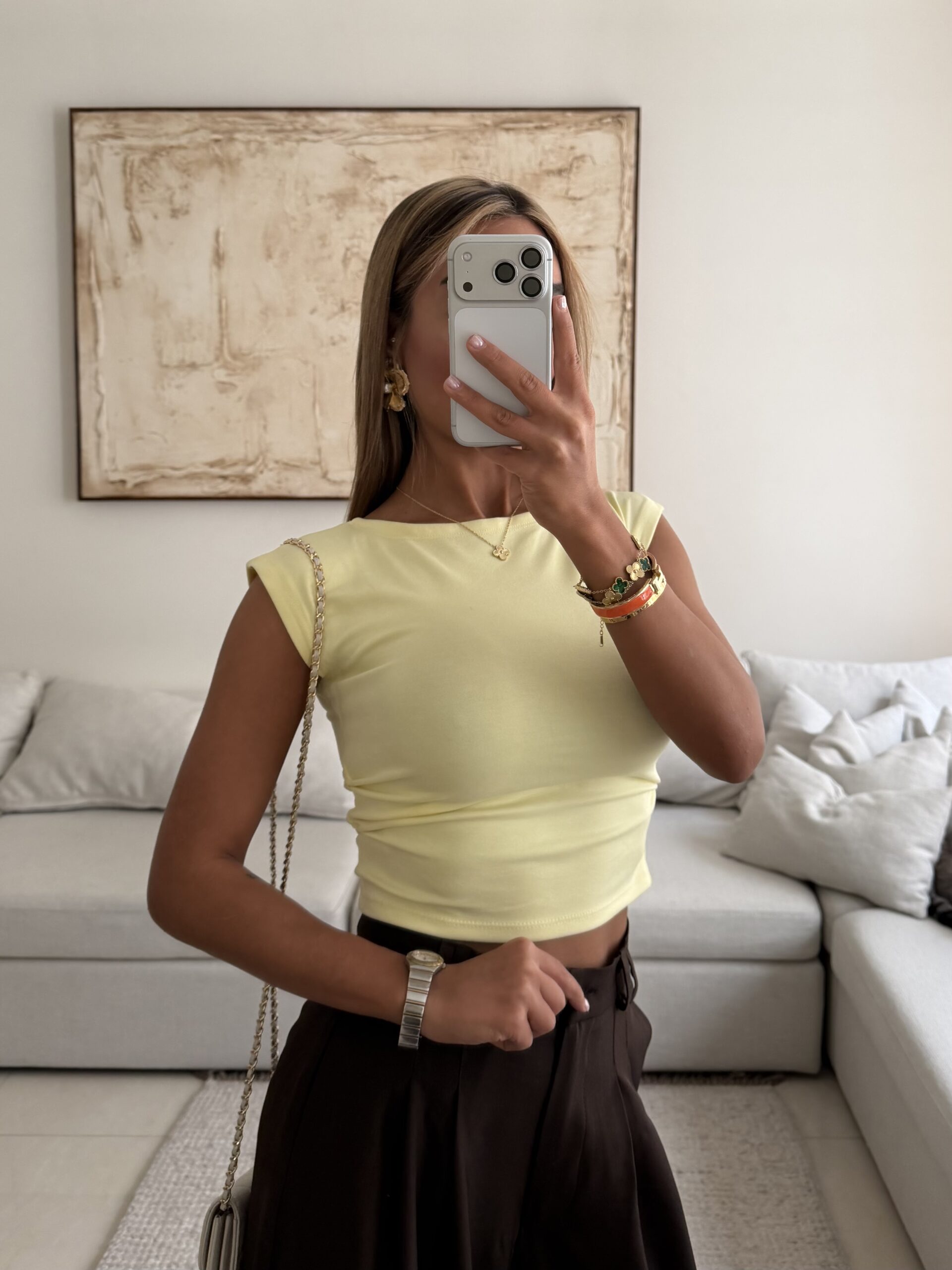 IMG_5299 River Island | Sculpt Shoulder Tee (Lemon Yellow) - Image 1
