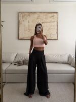 Zara | Deep Charcoal Plissé Wide-Leg