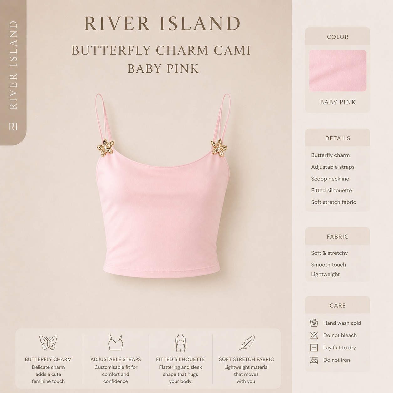 ppp River Island | Butterfly Charm Cami Baby Pink - Image 1