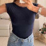 Sterdivarius-Bardot Top| Navy Blue تاپ بک‌لس