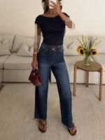 Pullandbear Straight Wide-Leg Jeans-Navy