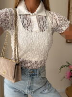 پولو شرت دانتل| Lace Polo Shirt- White - Image 2