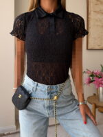 پولو شرت دانتل|  Lace Polo Shirt- Black