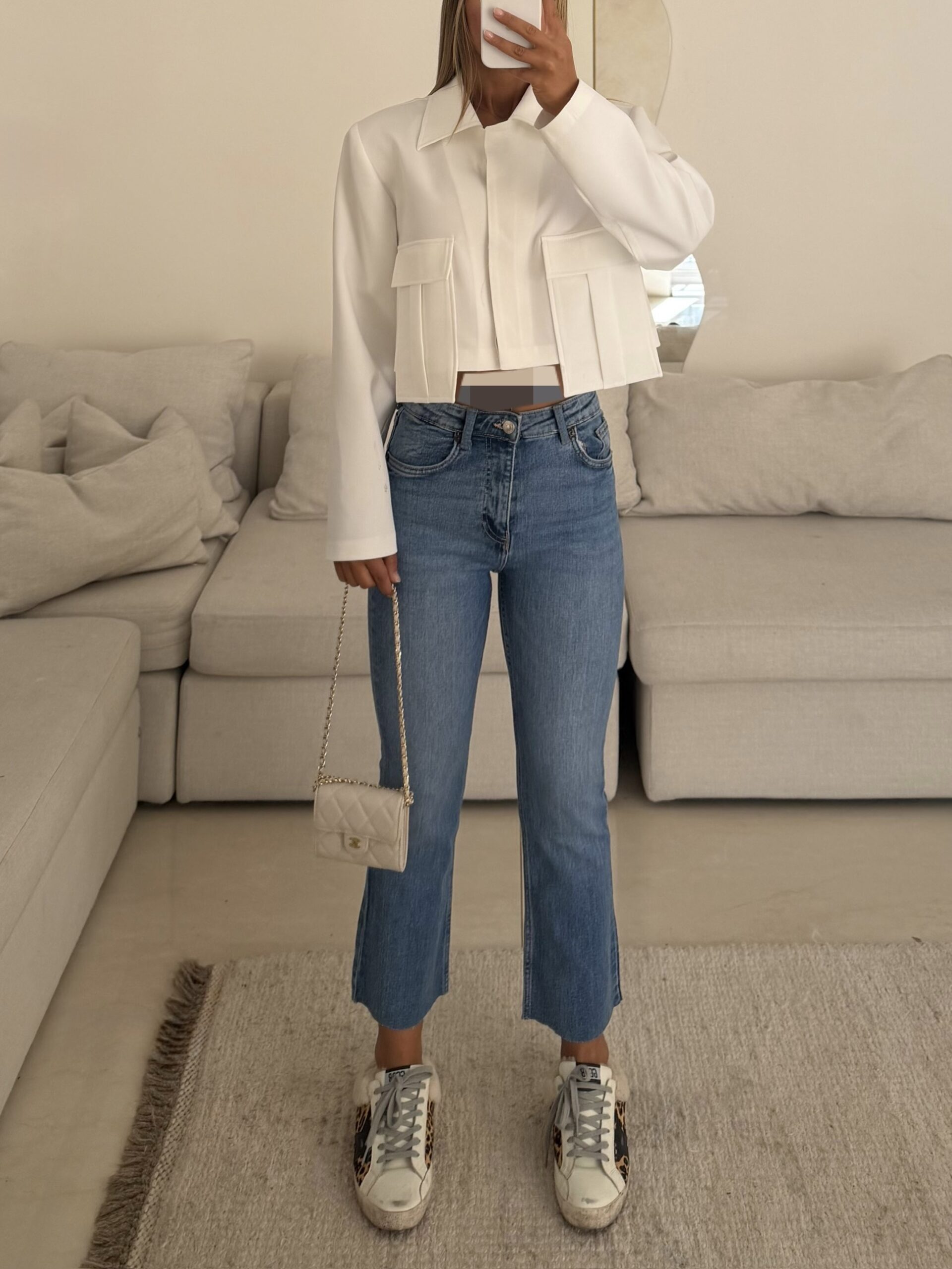 231E3257-AE13-4C10-8D61-E9F03A2730DF-compressed Zara Cropped Flare Jean Mid Blue Wash - Image 1