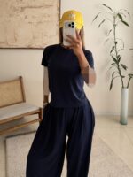 OYSHO Soft Touch Modal T-Shirt & Wide-Leg Pants Set-Black - Image 3