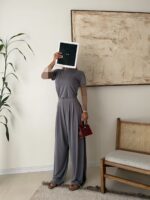 OYSHO Soft Touch Modal T-Shirt & Wide-Leg Pants Set-Dask Grey - تصویر 3