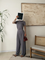 OYSHO Soft Touch Modal T-Shirt & Wide-Leg Pants Set-Dask Grey - Image 2