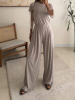 OYSHO Soft Touch Modal T-Shirt & Wide-Leg Pants Set-Mashroom Taupe - Image 3